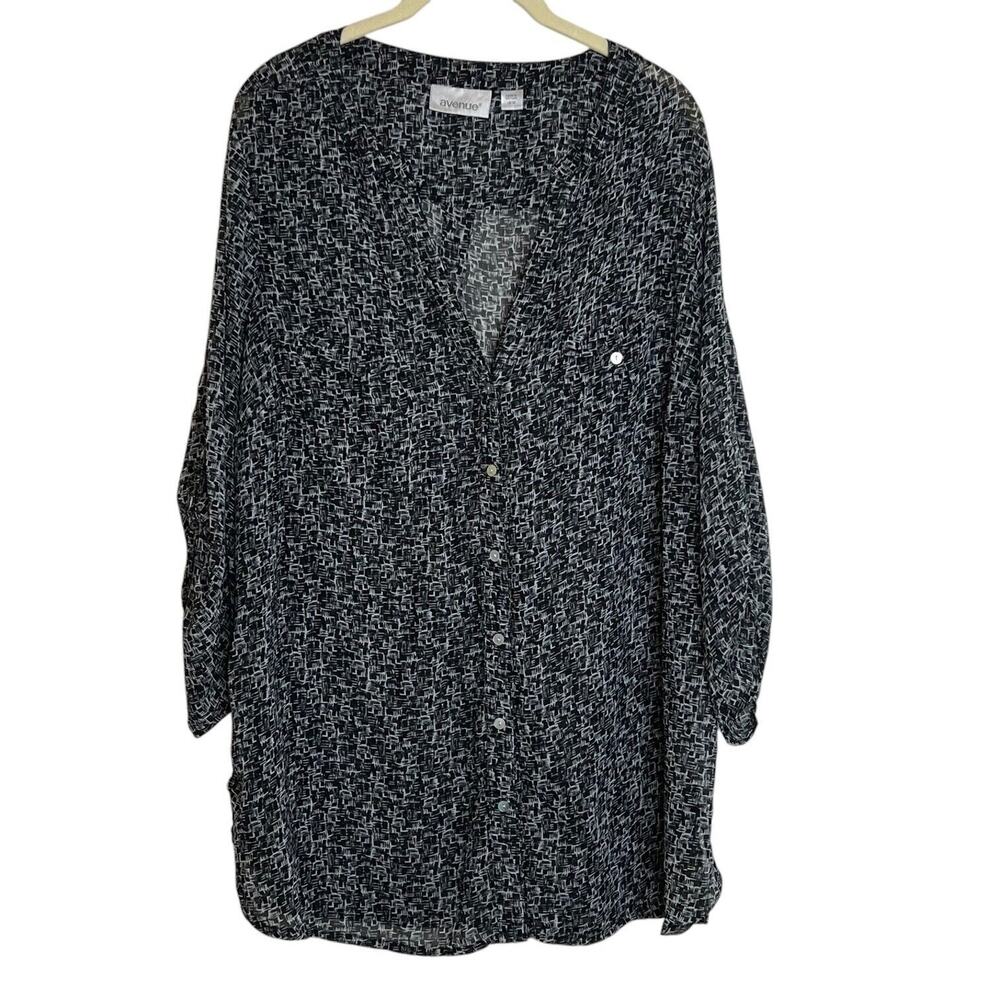Avenue Womens Sheer Chiffon Blouse Size 18/20 Black Gray Abstract 3Q Sleeves